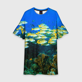 Детское платье 3D с принтом Коралловые рыбки в Кировске, 100% полиэстер | прямой силуэт, чуть расширенный к низу. Круглая горловина, на рукавах — воланы | коралловые | кораллы | море | морские обитатели | океан | подводный мир | рыбки