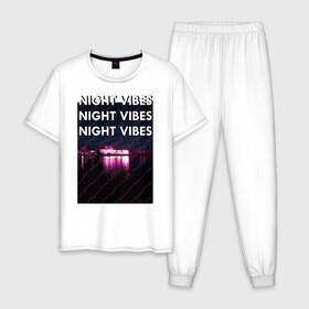 Мужская пижама хлопок с принтом Ночная гладь в Кировске, 100% хлопок | брюки и футболка прямого кроя, без карманов, на брюках мягкая резинка на поясе и по низу штанин
 | neon | night city | retrowave | вода | неон | ночь | отражение | полосы | ретровейв | свет