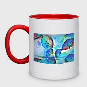 Кружка двухцветная с принтом Медузы в море в Кировске, керамика | объем — 330 мл, диаметр — 80 мм. Цветная ручка и кайма сверху, в некоторых цветах — вся внутренняя часть | Тематика изображения на принте: медуза | медузы | море | морская фауна | морские жители | подводный мир
