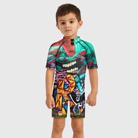 Детский купальный костюм 3D с принтом Граффити в Кировске, Полиэстер 85%, Спандекс 15% | застежка на молнии на спине | молодость | стиль | яркое граффити