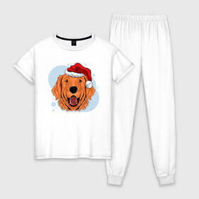 Женская пижама хлопок с принтом Рождественский пёс в Кировске, 100% хлопок | брюки и футболка прямого кроя, без карманов, на брюках мягкая резинка на поясе и по низу штанин | животные | новый год | праздник | рождество | собака