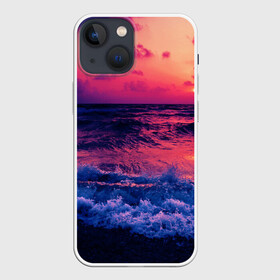 Чехол для iPhone 13 mini с принтом Закат на берегу в Кировске,  |  | Тематика изображения на принте: берег | волны | закат | море | пляж