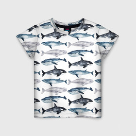 Детская футболка 3D с принтом киты в Кировске, 100% гипоаллергенный полиэфир | прямой крой, круглый вырез горловины, длина до линии бедер, чуть спущенное плечо, ткань немного тянется | ocean | sea | касатки | киты | море | морские мотивы | морской принт | морской фон | океан | паттерн | рыбы | текстуры