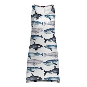Платье-майка 3D с принтом киты в Кировске, 100% полиэстер | полуприлегающий силуэт, широкие бретели, круглый вырез горловины, удлиненный подол сзади. | ocean | sea | касатки | киты | море | морские мотивы | морской принт | морской фон | океан | паттерн | рыбы | текстуры