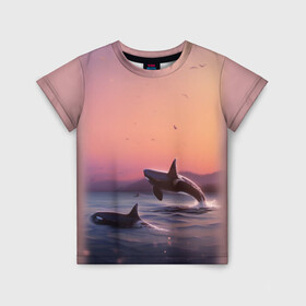 Детская футболка 3D с принтом касатки в Кировске, 100% гипоаллергенный полиэфир | прямой крой, круглый вырез горловины, длина до линии бедер, чуть спущенное плечо, ткань немного тянется | Тематика изображения на принте: ocean | orca | sea | sea animal | дельфин | закат | касатка | кит | море | океан | рисунок кита