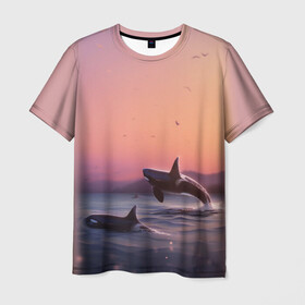 Мужская футболка 3D с принтом касатки в Кировске, 100% полиэфир | прямой крой, круглый вырез горловины, длина до линии бедер | Тематика изображения на принте: ocean | orca | sea | sea animal | дельфин | закат | касатка | кит | море | океан | рисунок кита