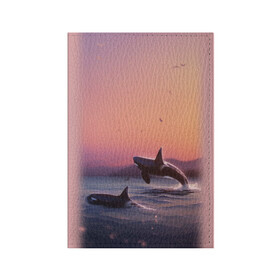 Обложка для паспорта матовая кожа с принтом касатки в Кировске, натуральная матовая кожа | размер 19,3 х 13,7 см; прозрачные пластиковые крепления | Тематика изображения на принте: ocean | orca | sea | sea animal | дельфин | закат | касатка | кит | море | океан | рисунок кита