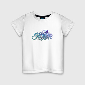 Детская футболка хлопок с принтом Осьминог в Кировске, 100% хлопок | круглый вырез горловины, полуприлегающий силуэт, длина до линии бедер | cute | kraken | octopus | живность | жители | кракен | милый | мир | морские | осьминог | осьминожка | подводный | тентакли