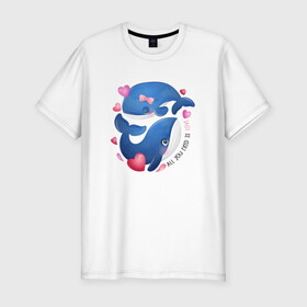 Мужская футболка хлопок Slim с принтом Два дельфина в Кировске, 92% хлопок, 8% лайкра | приталенный силуэт, круглый вырез ворота, длина до линии бедра, короткий рукав | cute | dolphin | love | два дельфина | дельфин | дельфинами | любовь | милый | мир | подводный