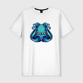 Мужская футболка хлопок Slim с принтом Голубой осьминог в Кировске, 92% хлопок, 8% лайкра | приталенный силуэт, круглый вырез ворота, длина до линии бедра, короткий рукав | cute | kraken | octopus | живность | жители | кракен | милый | мир | морские | осьминог | осьминожка | подводный | тентакли