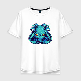 Мужская футболка хлопок Oversize с принтом Голубой осьминог в Кировске, 100% хлопок | свободный крой, круглый ворот, “спинка” длиннее передней части | cute | kraken | octopus | живность | жители | кракен | милый | мир | морские | осьминог | осьминожка | подводный | тентакли