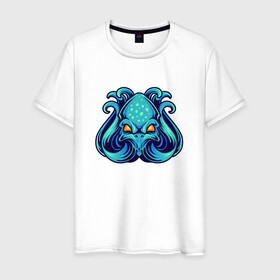 Мужская футболка хлопок с принтом Голубой осьминог в Кировске, 100% хлопок | прямой крой, круглый вырез горловины, длина до линии бедер, слегка спущенное плечо. | cute | kraken | octopus | живность | жители | кракен | милый | мир | морские | осьминог | осьминожка | подводный | тентакли