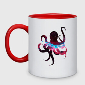 Кружка двухцветная с принтом Space Octopus в Кировске, керамика | объем — 330 мл, диаметр — 80 мм. Цветная ручка и кайма сверху, в некоторых цветах — вся внутренняя часть | animal | beast | kraken | ocean | octopus | sea | ship | space | water | вода | животные | звери | космос | кракен | море | океан | осьминог | рыбы | щупальца