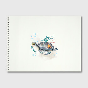 Альбом для рисования с принтом черепашка в Кировске, 100% бумага
 | матовая бумага, плотность 200 мг. | Тематика изображения на принте: ocean | sea | sea animal | акварель | водоросли | графика | море | океан | подводный мир | черепаха