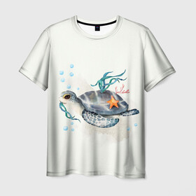 Мужская футболка 3D с принтом черепашка в Кировске, 100% полиэфир | прямой крой, круглый вырез горловины, длина до линии бедер | Тематика изображения на принте: ocean | sea | sea animal | акварель | водоросли | графика | море | океан | подводный мир | черепаха