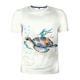 Мужская футболка 3D спортивная с принтом черепашка в Кировске, 100% полиэстер с улучшенными характеристиками | приталенный силуэт, круглая горловина, широкие плечи, сужается к линии бедра | Тематика изображения на принте: ocean | sea | sea animal | акварель | водоросли | графика | море | океан | подводный мир | черепаха