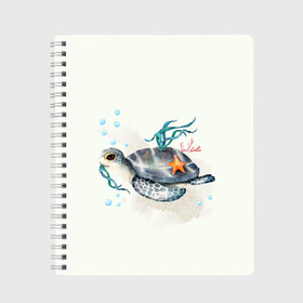 Тетрадь с принтом черепашка в Кировске, 100% бумага | 48 листов, плотность листов — 60 г/м2, плотность картонной обложки — 250 г/м2. Листы скреплены сбоку удобной пружинной спиралью. Уголки страниц и обложки скругленные. Цвет линий — светло-серый
 | Тематика изображения на принте: ocean | sea | sea animal | акварель | водоросли | графика | море | океан | подводный мир | черепаха