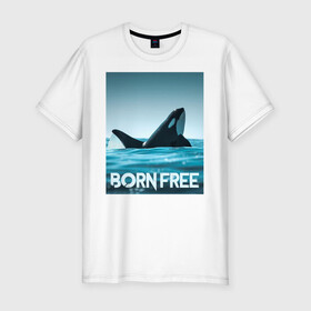 Мужская футболка хлопок Slim с принтом рожденная свободной в Кировске, 92% хлопок, 8% лайкра | приталенный силуэт, круглый вырез ворота, длина до линии бедра, короткий рукав | ocean | orca | sea | sea animal | дельфин | касатка | кит | море | океан | рисунок кита