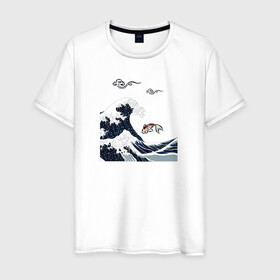 Мужская футболка хлопок с принтом Карп кои в Кировске, 100% хлопок | прямой крой, круглый вырез горловины, длина до линии бедер, слегка спущенное плечо. | волна | карпы кои | океан | рыба | японские карпы