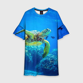 Детское платье 3D с принтом Морская черепаха в Кировске, 100% полиэстер | прямой силуэт, чуть расширенный к низу. Круглая горловина, на рукавах — воланы | Тематика изображения на принте: морская черепаха | океан | подводный мир | черепаха