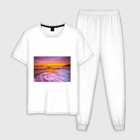 Мужская пижама хлопок с принтом Закат на пляже в Кировске, 100% хлопок | брюки и футболка прямого кроя, без карманов, на брюках мягкая резинка на поясе и по низу штанин
 | закат | лето | лодка на берегу | пляж