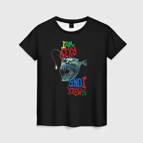 Женская футболка 3D с принтом я красотка в Кировске, 100% полиэфир ( синтетическое хлопкоподобное полотно) | прямой крой, круглый вырез горловины, длина до линии бедер | зубастик | морское чудовище | рыбалка | рыбёха | рыбка | рыболов | я красотка