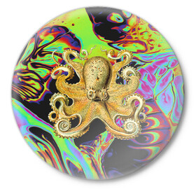 Значок с принтом Octopus Ink в Кировске,  металл | круглая форма, металлическая застежка в виде булавки | abstraction | acid | kraken | ocean | octopus | sea | море | осьминог
