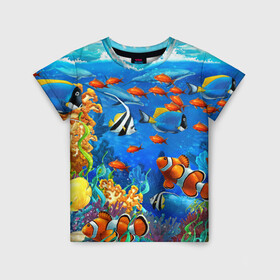 Детская футболка 3D с принтом Коралловые рыбки в Кировске, 100% гипоаллергенный полиэфир | прямой крой, круглый вырез горловины, длина до линии бедер, чуть спущенное плечо, ткань немного тянется | дно морское | коралловые | кораллы | море | подводный мир | рыбки