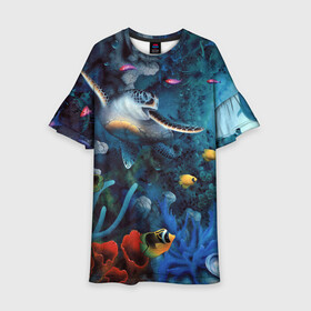 Детское платье 3D с принтом Морская черепаха в Кировске, 100% полиэстер | прямой силуэт, чуть расширенный к низу. Круглая горловина, на рукавах — воланы | Тематика изображения на принте: коралловые | кораллы | море | морская черепаха | морские обитатели | океан | подводный мир | рыбки