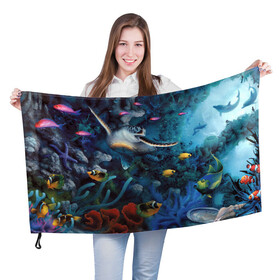 Флаг 3D с принтом Морская черепаха в Кировске, 100% полиэстер | плотность ткани — 95 г/м2, размер — 67 х 109 см. Принт наносится с одной стороны | коралловые | кораллы | море | морская черепаха | морские обитатели | океан | подводный мир | рыбки