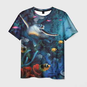 Мужская футболка 3D с принтом Морская черепаха в Кировске, 100% полиэфир | прямой крой, круглый вырез горловины, длина до линии бедер | Тематика изображения на принте: коралловые | кораллы | море | морская черепаха | морские обитатели | океан | подводный мир | рыбки