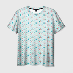 Мужская футболка 3D с принтом Морской узор в Кировске, 100% полиэфир | прямой крой, круглый вырез горловины, длина до линии бедер | кораблик | морской узор | спасательный круг | якорь | якоря | яхта