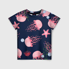 Детская футболка 3D с принтом розовые медузы в Кировске, 100% гипоаллергенный полиэфир | прямой крой, круглый вырез горловины, длина до линии бедер, чуть спущенное плечо, ткань немного тянется | Тематика изображения на принте: водоросли | медузы | морская звезда | морские жители | на глубине | розовые медузы