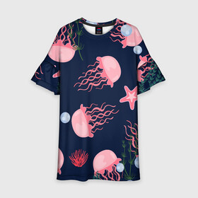 Детское платье 3D с принтом розовые медузы в Кировске, 100% полиэстер | прямой силуэт, чуть расширенный к низу. Круглая горловина, на рукавах — воланы | Тематика изображения на принте: водоросли | медузы | морская звезда | морские жители | на глубине | розовые медузы