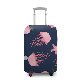 Чехол для чемодана 3D с принтом розовые медузы в Кировске, 86% полиэфир, 14% спандекс | двустороннее нанесение принта, прорези для ручек и колес | водоросли | медузы | морская звезда | морские жители | на глубине | розовые медузы