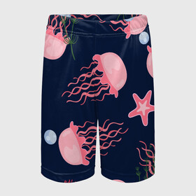 Детские спортивные шорты 3D с принтом розовые медузы в Кировске,  100% полиэстер
 | пояс оформлен широкой мягкой резинкой, ткань тянется
 | Тематика изображения на принте: водоросли | медузы | морская звезда | морские жители | на глубине | розовые медузы