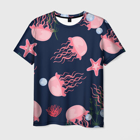 Мужская футболка 3D с принтом розовые медузы в Кировске, 100% полиэфир | прямой крой, круглый вырез горловины, длина до линии бедер | водоросли | медузы | морская звезда | морские жители | на глубине | розовые медузы