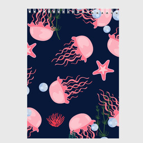 Скетчбук с принтом розовые медузы в Кировске, 100% бумага
 | 48 листов, плотность листов — 100 г/м2, плотность картонной обложки — 250 г/м2. Листы скреплены сверху удобной пружинной спиралью | Тематика изображения на принте: водоросли | медузы | морская звезда | морские жители | на глубине | розовые медузы