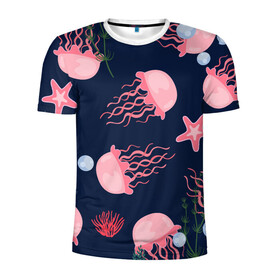 Мужская футболка 3D спортивная с принтом розовые медузы в Кировске, 100% полиэстер с улучшенными характеристиками | приталенный силуэт, круглая горловина, широкие плечи, сужается к линии бедра | Тематика изображения на принте: водоросли | медузы | морская звезда | морские жители | на глубине | розовые медузы
