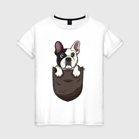 Женская футболка хлопок с принтом Карманный пёс в Кировске, 100% хлопок | прямой крой, круглый вырез горловины, длина до линии бедер, слегка спущенное плечо | Тематика изображения на принте: бульдог | дог | карман | пес | собака