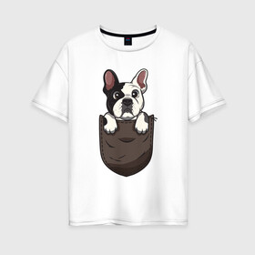 Женская футболка хлопок Oversize с принтом Карманный пёс в Кировске, 100% хлопок | свободный крой, круглый ворот, спущенный рукав, длина до линии бедер
 | Тематика изображения на принте: бульдог | дог | карман | пес | собака
