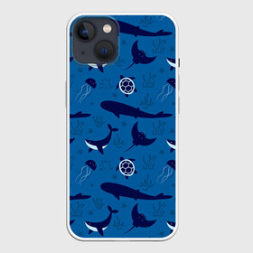 Чехол для iPhone 13 с принтом Подводный мир в Кировске,  |  | Тематика изображения на принте: whale | акулы | кит | киты | медуза | медузы | море | морские | океан | паттерн | подводный | скаты | черепаха | черепахами
