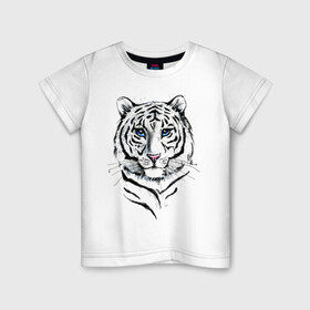 Детская футболка хлопок с принтом Белый тигр в Кировске, 100% хлопок | круглый вырез горловины, полуприлегающий силуэт, длина до линии бедер | Тематика изображения на принте: альфа | белый | дикие | дикий | животные | звери | зверь | кот | котик | крутой | полоски | принт | природа | самец | тигр | тигриныйкрасивый