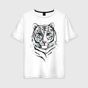 Женская футболка хлопок Oversize с принтом Белый тигр в Кировске, 100% хлопок | свободный крой, круглый ворот, спущенный рукав, длина до линии бедер
 | альфа | белый | дикие | дикий | животные | звери | зверь | кот | котик | крутой | полоски | принт | природа | самец | тигр | тигриныйкрасивый