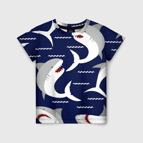 Детская футболка 3D с принтом Акулы в Кировске, 100% гипоаллергенный полиэфир | прямой крой, круглый вырез горловины, длина до линии бедер, чуть спущенное плечо, ткань немного тянется | shark | акула | акуленок | акулы | жители | клыки | море | морские | океан | рыба | черные