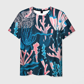 Мужская футболка 3D с принтом Подводный мир в Кировске, 100% полиэфир | прямой крой, круглый вырез горловины, длина до линии бедер | colorful | coral | deep | sea | seamless | seaweed | водоросли | глубокий | коралл | красочный | паттерн | подводный мир