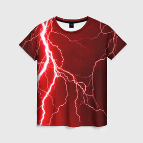 Женская футболка 3D с принтом Red Lightning в Кировске, 100% полиэфир ( синтетическое хлопкоподобное полотно) | прямой крой, круглый вырез горловины, длина до линии бедер | energy | fire | lightning | storm | thunder