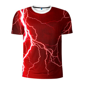 Мужская футболка 3D спортивная с принтом Red Lightning в Кировске, 100% полиэстер с улучшенными характеристиками | приталенный силуэт, круглая горловина, широкие плечи, сужается к линии бедра | Тематика изображения на принте: energy | fire | lightning | storm | thunder