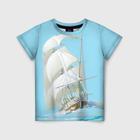 Детская футболка 3D с принтом The white wanderer в Кировске, 100% гипоаллергенный полиэфир | прямой крой, круглый вырез горловины, длина до линии бедер, чуть спущенное плечо, ткань немного тянется | Тематика изображения на принте: ocean | sea | ship | волны | океан | парусник