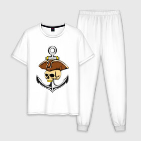 Мужская пижама хлопок с принтом PIRAT ANCHOR ПИРАТСКИЙ ЯКОРЬ (Z) в Кировске, 100% хлопок | брюки и футболка прямого кроя, без карманов, на брюках мягкая резинка на поясе и по низу штанин
 | anchor | japanese anchor | pirat | pirat anchor | заякориться | пират | пиратский якорь | стоп судно | якорек | якорный | якорь | японский якорь